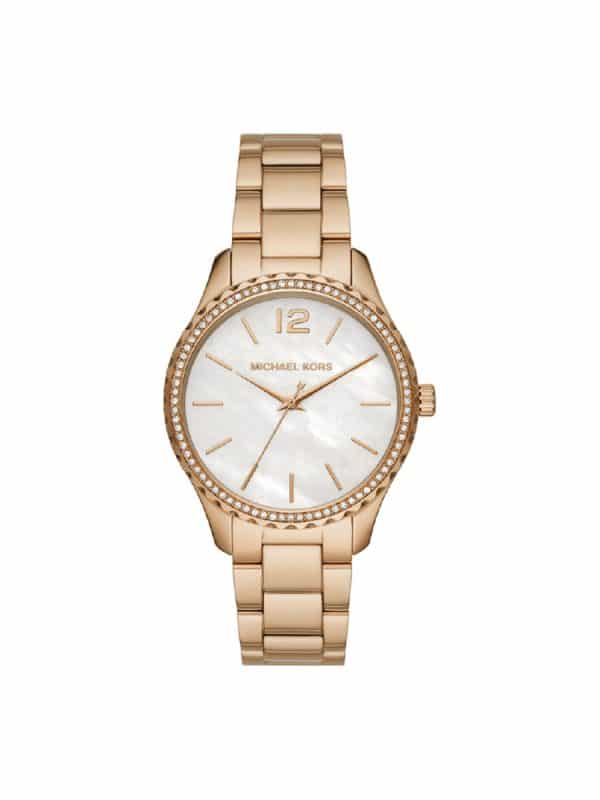 Michael Kors Layton MK6870 γυναικείο ρολόι με χρυσό μπρασελέ και καντράν από λευκό φίλτισι.