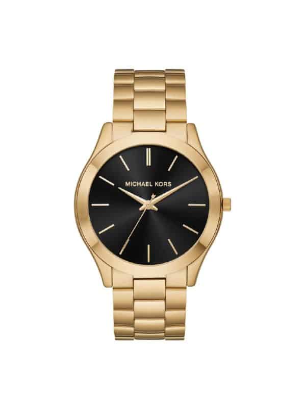 Michael Kors Slim Runway MK8621 γυναικείο ρολόι με χρυσό μπρασελέ και μαύρο καντράν.
